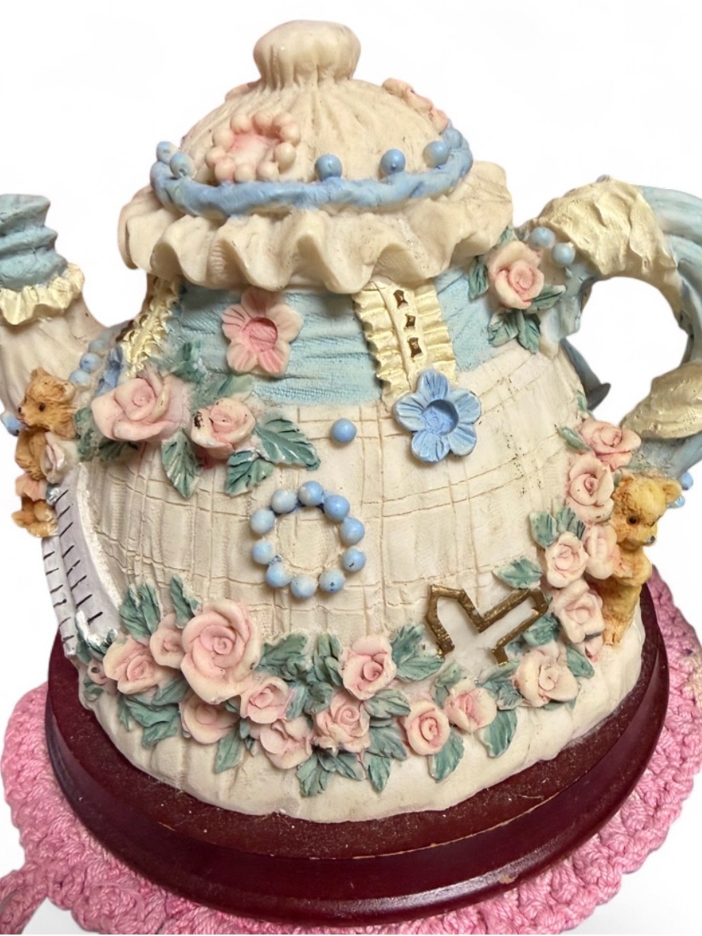 Vintage Floral Teapot with Bears - Cream and Pastel Blue